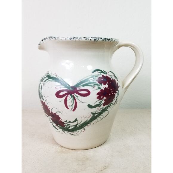 Casey Art Pottery Pitcher Heart Wreath 7" Hand Painted Made in USA Vintage - Picture 1 of 14